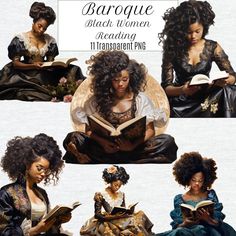 an image of women reading books in different styles and colors with captioning below