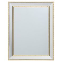 a white and gold framed mirror with beading on the edges, against a white background