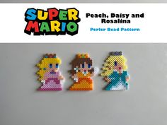 three pieces of perler bead art with the title'super mario peach, daisy and rosella '