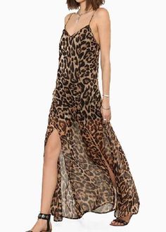 Sexy Leopard Strap Design Open Back Ankle Length Dress Fitted Cami Maxi Dress For Beach, Sleeveless Leopard Print Maxi Dress For Vacation, Summer Leopard Print Beach Maxi Dress, Summer Beach Maxi Dress In Leopard Print, Sleeveless Beachwear Maxi Dress For Date Night, Bohemia Dress, Leopard Maxi Dress, Chiffon Summer Dress, Gaun Fashion