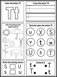 the letter t worksheet with pictures and words to help students learn how to write