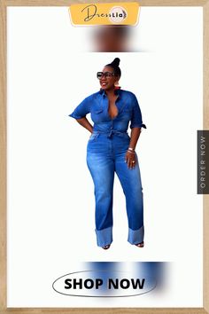 Denim Turn Down Collar Shirt Straight Jeans 2 Piece Set Casual Collared Denim Jumpsuit, Trendy Collared Denim Jumpsuit, Dark Wash Short Sleeve Denim Jumpsuit For Fall, Collar Shirt, 2 Piece Set, 1 Million, Collar Shirts, Straight Jeans, Order Now