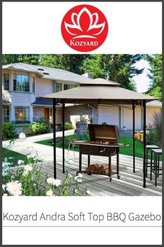 an advertisement for a bbq gazebo in front of a house with flowers and trees