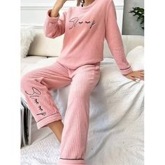 Casual Striped Crew Neck Pajamas Sets, Warm &Fuzzy Lounge Pajamas Set, Women's Loungewear &Sleepwear Color  : Peach,,,,Size  : S(4),M(6),L(8/10),XL(12),,,Size guide:S(4):Bust: 41.0 inch, Length: 24.4 inchS(4):Bust: 41.0 inch, Length: 24.4 inchM(6):Bust: 42.6 inch, Length: 24.8 inchM(6):Bust: 42.6 inch, Length: 24.8 inchL(8\u002F10):Bust: 44.9 inch, Length: 25.4 inchL(8\u002F10):Bust: 44.9 inch, Length: 25.4 inchXL(12):Bust: 47.3 inch, Length: 26.0 inchXL(12):Bust: 47.3 inch, Length: 26.0 inchMor Comfortable Long Sleeve Sleepover Sets, Winter Sleepwear With Long Pants, Comfortable Winter Sleepwear With Long Pants, Comfortable Lounging Sets For Winter, Cozy Winter Home Sets, Cozy Pink Loungewear Sets, Cozy Winter Sleepover Sets, Cozy Pink Sets For Pajama Party, Matching Set Loungewear For Winter