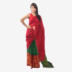 Assamese Traditional Mekhela Chador__ Shop on OnlinePlus_______Bua Singh Sap Red & Green Contrast Mekhela Chador Set with Blouse Piece - This Bua Singh Sap Red & Green Contrast Mekhela Chador set is made of the rich Pokua Xuta. A typical blend of guna makes it more elegant. This Unique design Mekhela Chador enhances the perfect beauty of an women. Perfect Beauty, A Typical, Red Green, Unique Design, Unique Designs