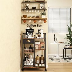 a coffee bar with shelves filled with cups and saucers next to a potted plant