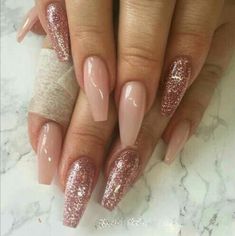 Rose Gold Nails Glitter, Ballerina Nails Designs, Rose Gold Nail Art, Nail Pics, Gold Nail Art, Nails Natural, Gold Nail, Rose Gold Nails, Nails Prom