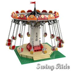 a lego model of a carnival ride with swings and chains hanging from it's sides