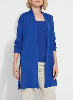 color=Cobalt Pop Elegant Blue Knit Cardigan, Blue Long Knit Sweater, Elegant Fine Knit Blue Sweater, Elegant Blue Fine Knit Sweater, Blue Fine Knit Long Sleeve Cardigan, Long Blue Knit Sweater, Blue Fine Knit Sweater For Layering, Blue Stretch Knit Cardigan, Long Blue Cardigan