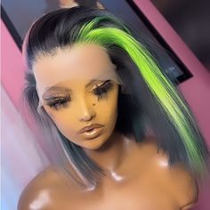 New “Ready To Wear” Manufactured Custom Jet Black Frontal Wig Unit. 1. Model Wig: Body Wave - 12inch 2. Hair Type: 100% Human Hair 3. Density: 180% 4. Hair Color: Light Pink, Green & Jet Black 5. Hairline: Pre - Plucked 6. Wig Strap: Adjustable 7. Circumference: 22.5 Inches - Standard 8. Lace: Transparent Lace 9. Lace Area: 13x4 Gray Wig Hairstyles, Jet Black Frontal Wig, Black Frontal Wig, Kelly Hair, Frontal Bob Wig, Black And Green Hair, Bartender Outfit, Hair Color Light, Frontal Bob