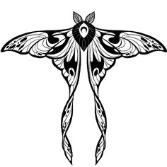 a black and white drawing of a butterfly with wings spread out to the left side