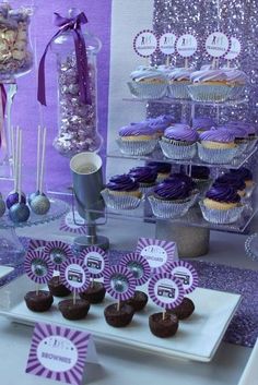 purple and silver dessert table with cupcakes