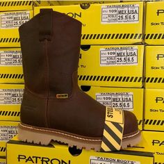 Men's Work Boots Patron Industrial Work Safety Boots. Brand: Patron Work Boots Brown Tan Bottom Steel Toe Genuine Leather Removable Inserts For Maximum Comfort Super Durable Soles Made In Mexico Not China New With Box Goodyear Welt Construction Round Toe Water Resistant Light Water Use Only Oil Resistant Pull On Boots Are Very Comfortable!!!! Sizes From 6 To 12 Boots Are In Stock Ready To Ship. We Ship Fast. These Boots Are The Real Deal.... Made In Mexico With Full Grain Leather. Brown Slip-resistant Plain Toe Work Boots, Brown Safety Work Boots With Moc Toe, Brown Moc Toe Work Boots For Safety, Brown Moc Toe Safety Work Boots, Western Style Leather Waterproof Boots For Safety, Western Style Waterproof Leather Boots For Safety, Western Style Leather Waterproof Boots, Slip-resistant Brown Leather Work Boots, Brown Western Style Slip-resistant Work Boots