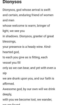 a poem written in black and white with the words dionyssos, god whose arrival