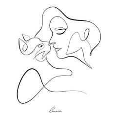 a line drawing of a woman kissing a cat