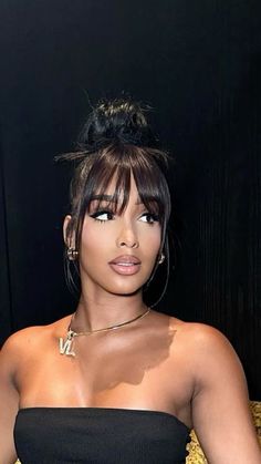 Bangs With Low Bun, Black Women With Bangs Hairstyle, Bangs And Bun Black Women, Bangs And Ponytail, Bang Ponytail Hairstyles For Black Women, Hairstyles For Medium Length Hair Bangs, Bangs Hairstyles Updo, Bang And Ponytail Black Women, Ponytail With Bangs