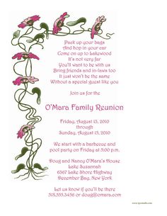 a pink and green floral design on a white background with the words, person family reunion