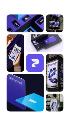 several different business cards are shown in purple and blue colors, including the logo for pacant