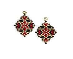 two red and black beaded earrings on a white background