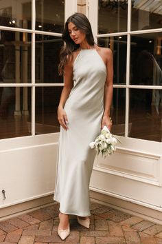 Hadley Halterneck Maxi Dress - Sage Summer Dresses Sundresses, Silk Dresses, Italian Garden, Green Bridesmaid, Bridesmaid Outfit, Usa Dresses, Modern Romance, Strapless Tops, Dresses By Length