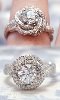 two different views of a diamond ring on someone's finger, with the middle one being surrounded by smaller diamonds