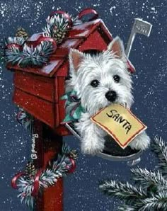 a painting of a dog in a mailbox with a sign that says santa on it