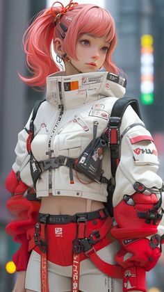 a woman with pink hair and white outfit