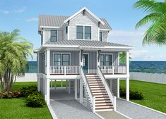 this is an artist's rendering of a two story house on stilts overlooking the ocean