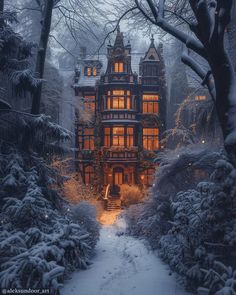 a large house in the middle of a snowy forest