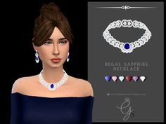 a woman in a blue dress and necklace with jewels on her neck, next to an advertisement for regal sapphire necklaces