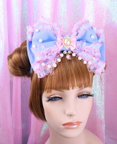 Lolita Head Bow-pink Bow-oversized Bow-hime - Etsy Hime Gyaru, Big Bow, Sweet Lolita, Big Bows, Jacksonville Fl, Lace Ruffle, Turbans, Magical Girl, Pink Bow