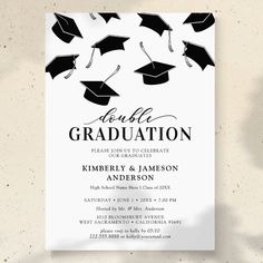 graduation party card with black and white graduate caps on it's back, in front of a beige wall