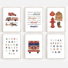 four firetruck wall art prints in various sizes and colors, including one with the letter