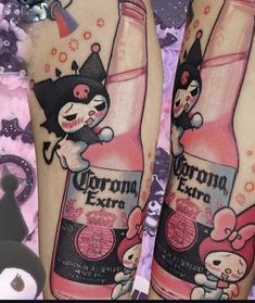 two cartoon tattoos on both legs and one has a bottle of corona extra in it