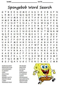 spongebob word search is shown with the words on it and an image of his face