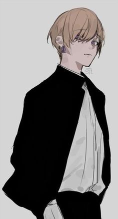 an anime character with blonde hair wearing a black jacket and white shirt, standing in front of a gray background