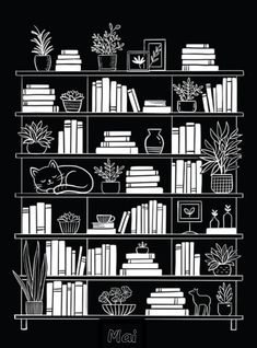 a black and white book shelf filled with books, plants and potted plantes