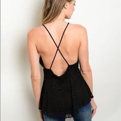 Black Criss-Cross Open Back Spaghetti Strap Top Tie Back Cross Back Top For Night Out, Tops With Tie And Cross Back For Night Out, Fitted Tops For Night Out With Cross Back, Fitted Cross Back Top For Night Out, Stretch Cross Back Party Tops, Fitted Tops With Strappy Back For Night Out, Fitted Top With Strappy Back For Night Out, Stretch Cross Back Tops For Party, Stretch Tops With Strappy Back For Night Out