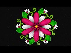 a pink and white flower with green leaves on it's center, in the middle of a black background