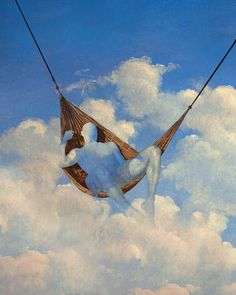 a painting of a man sitting in a hammock on the clouds with his feet up