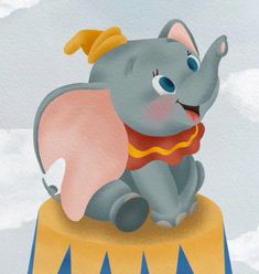 an elephant sitting on top of a blue and yellow circus tent with clouds in the background