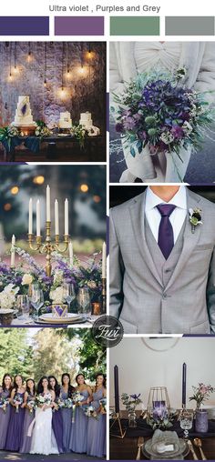 the color scheme is purple, green and grey for this wedding party with white flowers