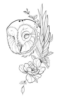 an owl with wings and flowers on it's head is drawn in black ink