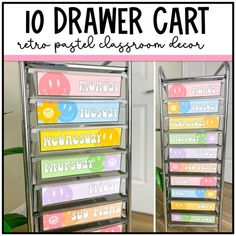 the 10 drawer cart is organized and ready to be used as a classroom decor item