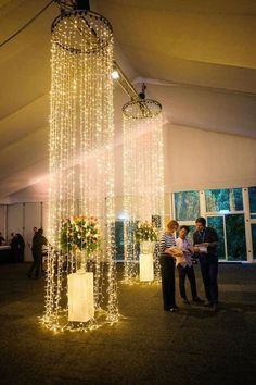 two people are standing under some lights