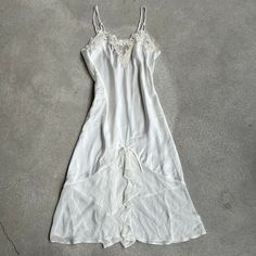 Vintage Wedding Slip Dress Dentelle designer silky Intimates floral nightgown lace Embroidered sheer embellished bow white size medium 90s maxi fairy cottage boho Bust 36" Length 37" Adjustable straps One small stain on front A fee on back (may be able to wash out I haven't tried)