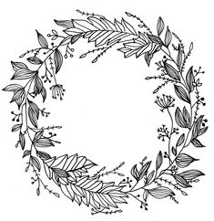 a black and white drawing of a wreath with leaves