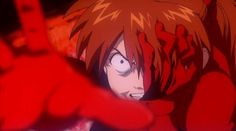 an anime character with red hair and eyes pointing at something in the air while holding his arm out