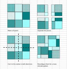 four different squares are shown in blue and green colors, with the text below them