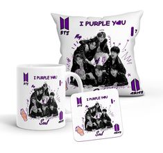 two pillows and a mug with the same photo on it, one has a pillow that says i purple you